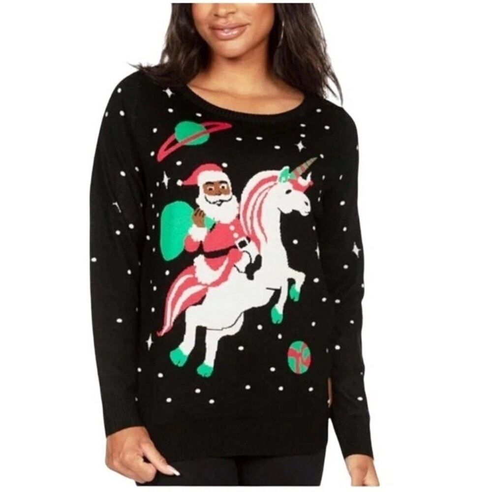 NWT Tipsy Elves Black Sweater with Black Santa and Unicorn Ugly Sweater Size XL